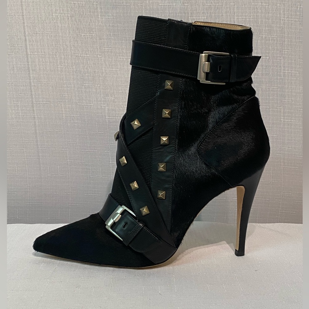 Manolo Blahnik Toapa Studded Mixed Media Ankle Boot Black 8.5B US Dyed Calf Hair - Picture 11 of 16